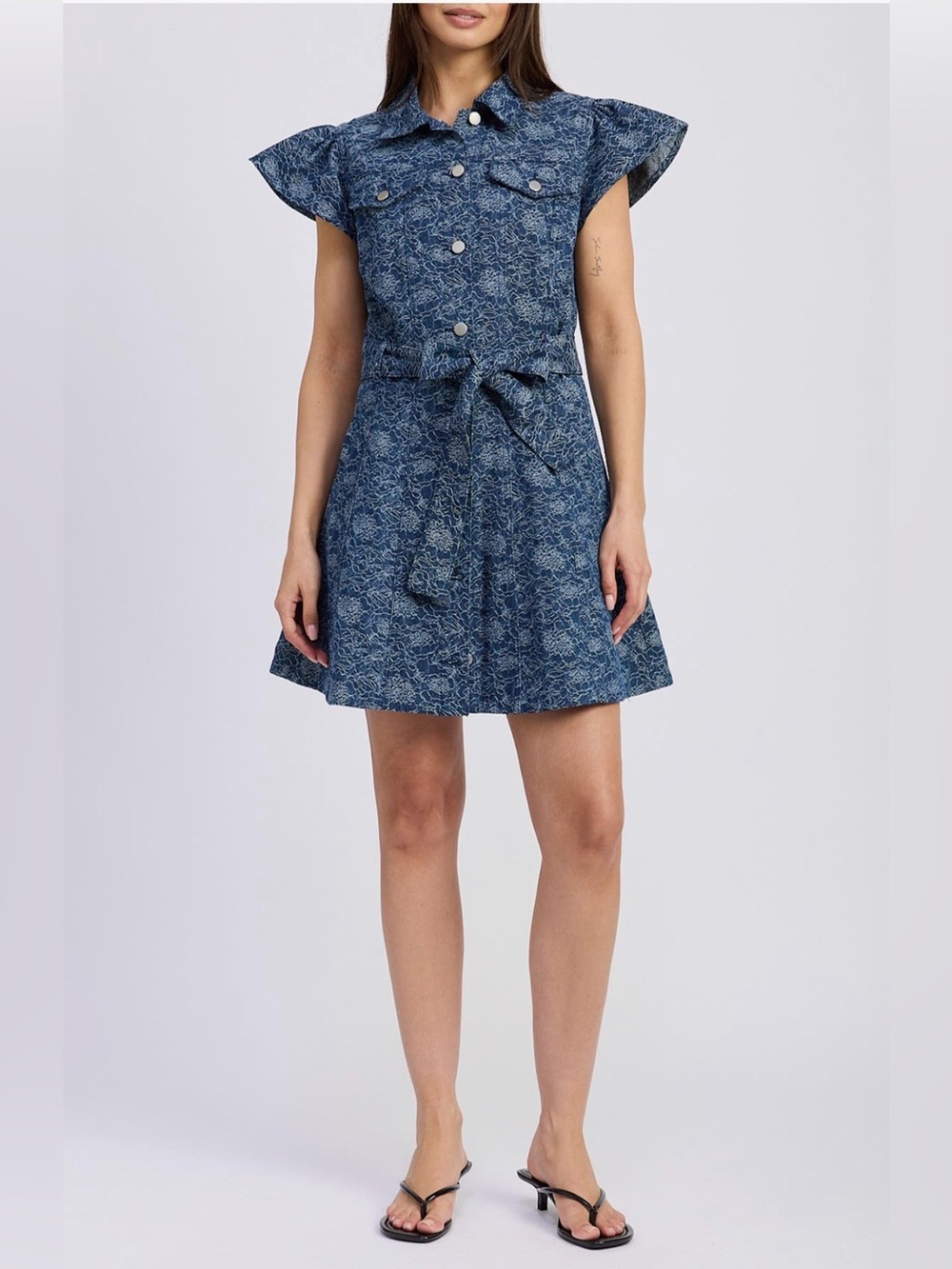 En Saison Blue Printed Short-Sleeve Tie-Waist Mini Dress / BNWT
